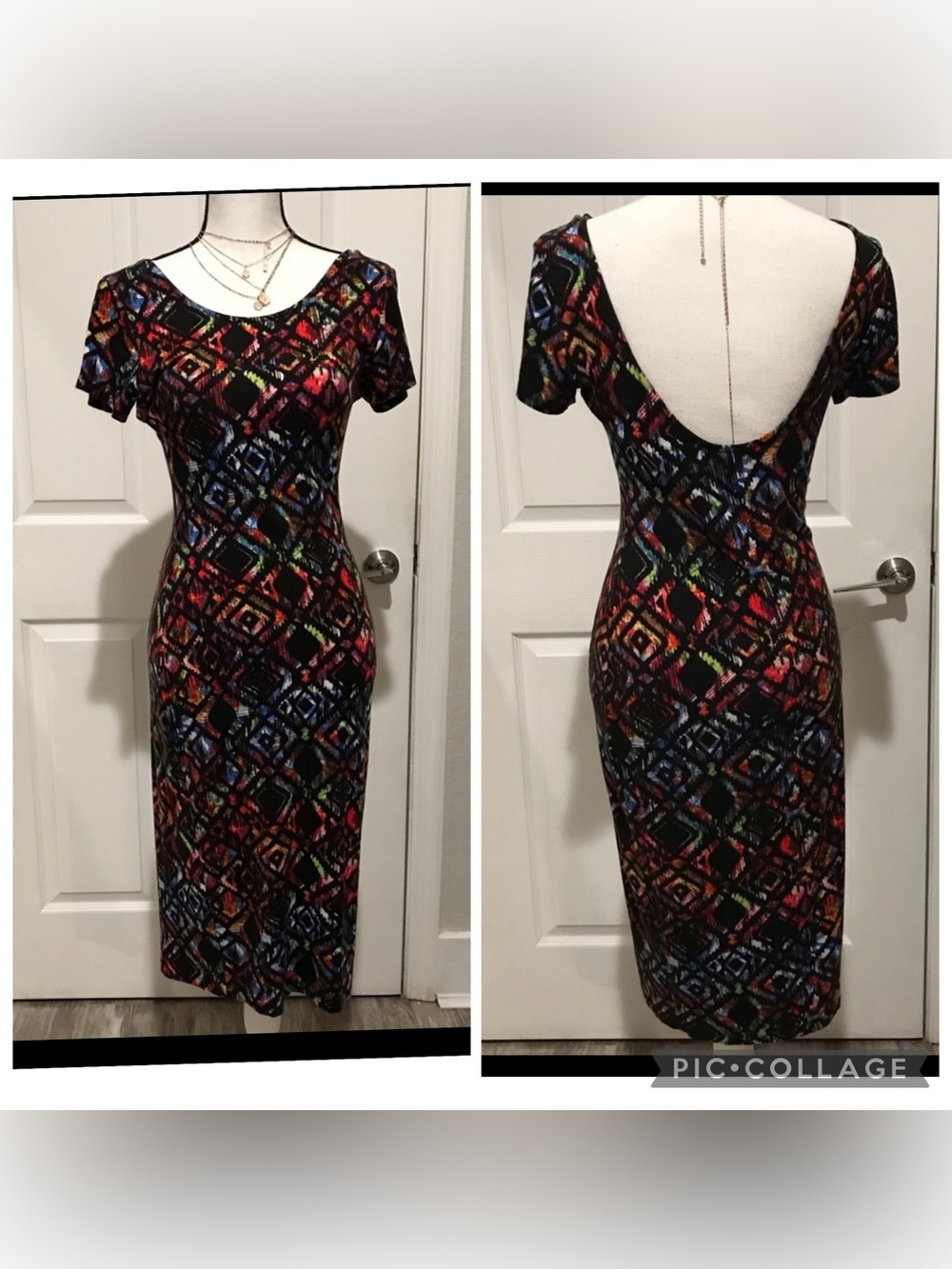 Arden B Black Multi-Color Geometric Fitted Maxi Knit Dress